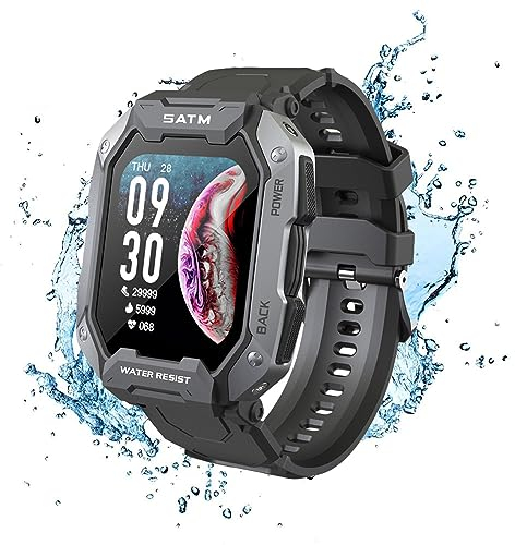 Smartwatch Herren Damen 50 Meter Wasserdichtigkeit Fitnessuhr Sportuhr Bluetooth-Anrufe mit Herzfrequenz-Schlafmonitor 7 Tage Lange Akkulaufze Itmehrfach Sportmodi für IOS Android Schwarz