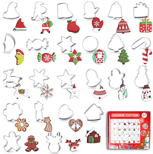 Set di 24 stampi per biscotti natalizi in acciaio inox, per biscotti di Natale, fondente, fai da te, per decorazioni natalizie