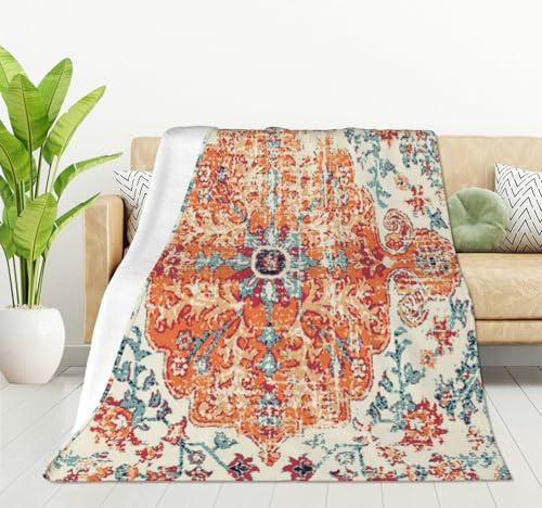 HGOD DESIGNS Überwurfdecke mit Teppichmuster, Boho-Stil, ethnisches Design, Orange / Blau, weiche Decken und Überwürfe, 100 x 130 cm, Pflege für Damen und Herren, 100 x 130 cm