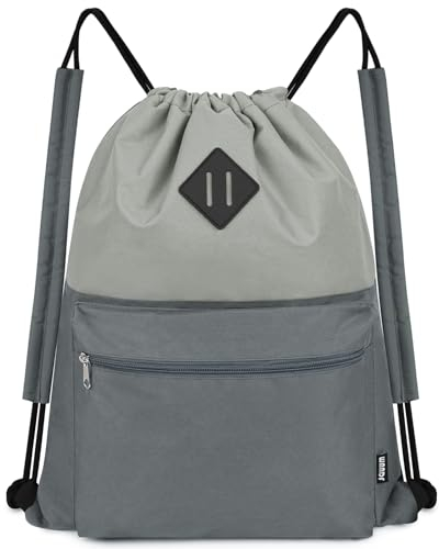 WANDF Kordelzug-Rucksack, Sport-Turnbeutel mit Nassfach, wasserabweisender Kordelzug, Cinch-Tasche für Damen und Herren (Grau mit Schulterpolster)