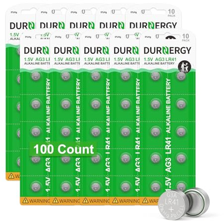 DURNERGY LR41 Batteries 100 Pack, 384 392 Watch Battery 1.5 Volt Alkaline Batteries, AG3 Button Cell Battery