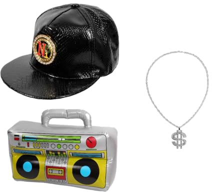 Alsino Kit de déguisement de Rappeur Kv-278 pour Le Carnaval et Le Mardi Gras : Snapback Noire, Collier Signe Dollar & Ghetto Blaster Gonflable