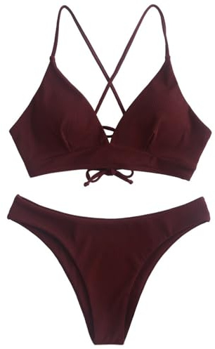 ZAFUL Geripptes Cami-Bikini-Set mit Schnürung, gepolstert, Zweiteiliger Badeanzug, Badebekleidung für Damen (1-Tiefrot,S)