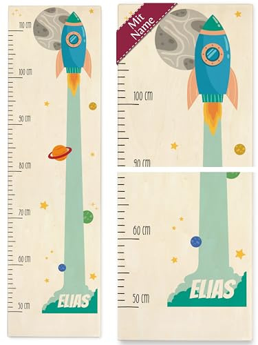 Kind Holz - Weltall - Kindermesslatte Rakete mit Name I Weltraum Baby Messlatte Raumfahrt I Weltraum Astronaut - 50-110 cm - Holz - personalisierte kleinkinder geschenke kinder sterne messholz