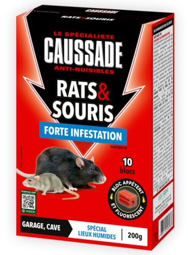 CAUSSADE Anti-Rats & Souris - 10 Blocs Fluorescents - 200g | Efficacité Radicale - Lieux Très Humides - Prêt à l'Emploi - Une Ingestion Suffit - CARSBL200