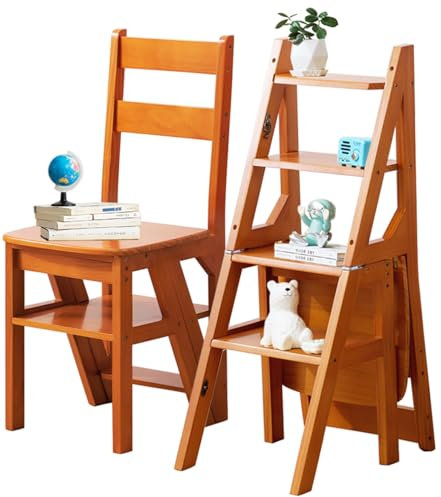 Sgabello a Scala Pieghevole 3-in-1 in Legno Massello, Sgabello Convertibile e Supporto Espositivo, Scala Multi-funzionale a 4 Ripiani, per Casa, Cucina, Biblioteca, Capacità 150kg (Marrone)