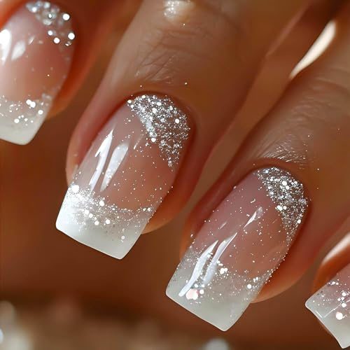 JUSTOTRY 24 Pcs Silvery Glitter False Nails Short Pattern,Milky White French Square Press on Nails,Glossy Fake Nails Medium for Nails Art,Classy Squoval Stick on Nails for Women Gifts