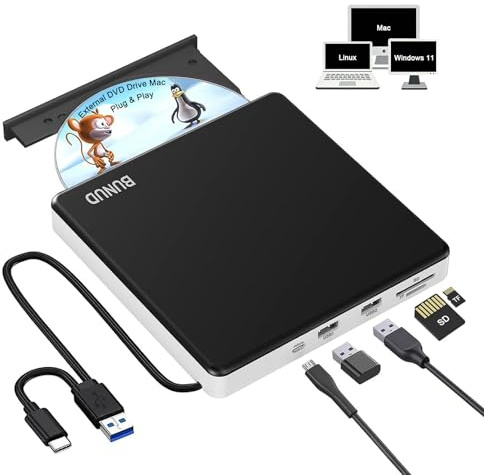 BUNUD External DVD Burner USB-C: Portable DVD External Drive for Apple Superdrive with 2 USB and TF/SD Slots - Plug & Play CD Drive External for Mac Laptop Windows 11