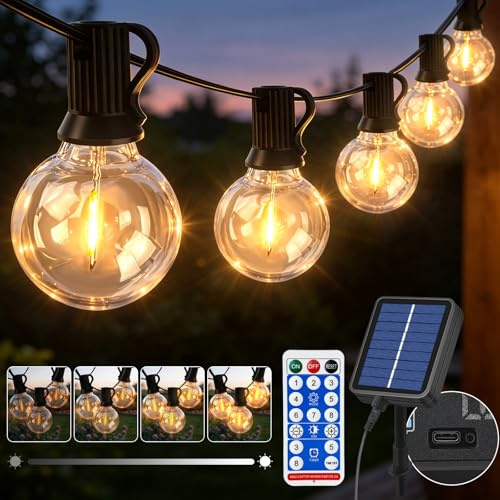 Jsdoin Guirlande Lumineuse Solaire Extérieure 15M avec Télécommande, 20+2 LED Guirlande Guinguette Étanche IP44, 8 Modes d'Éclairage, Blanc Chaud, Décoration pour Jardin Terrasse Cour Fête ﻿