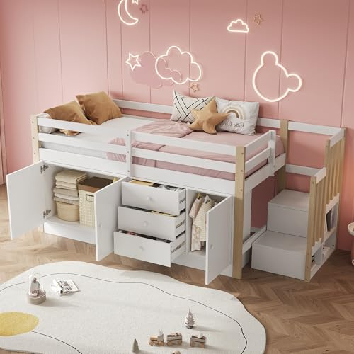 Kinderbett 90x200, Hochbett mit Kleiderschrank, Kommode, Stauschrank und Treppe, Holzbett mit Lattenrost&Rausfallschutz,Einzelbett Jugendbett Funktionsbett Stauraumbett Bettgestell,ohne Matratze,Weiß