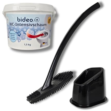 bideo® WC Reiniger-Intensivschaum-Set – Silikon Toilettenbürste schwarz + 1,5 kg WC Reiniger Schaum – borstenlose 360° Silikon Klobürste & WC Schaum gegen Kalk, Urinstein & Verschmutzungen