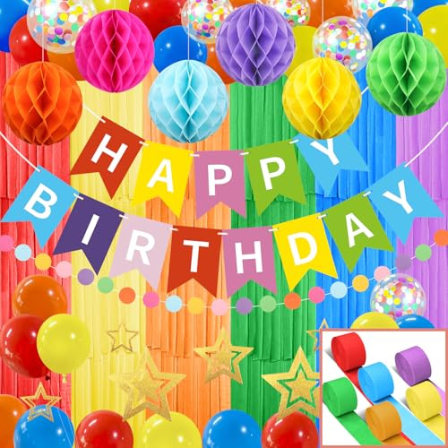 Geburtstag Mehrfarbige Party Dekoration, Recosis Happy Birthday Banner Girlande mit Seidenpapier Pompoms und Luftballons für Mädchen und Jungen Jeden Alters