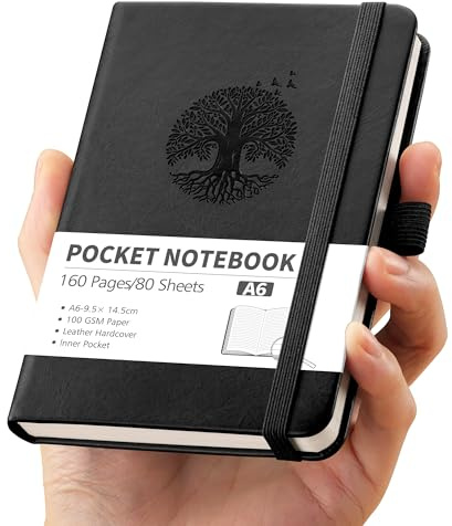 RETTACY A6 Pocket Notebook - Small and Mini, 160 Pages,100 GSM Lined Paper Notepad,with Inner Pocket, Hardcover, Elastic Band - Black