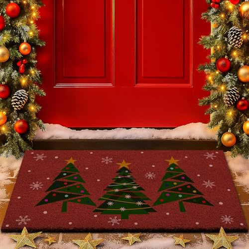 Lanpn Christmas Welcome Natural Coir Door Mat, Christmas Tree Coco Front Door Outdoor Doormat Outside Entrance Porch Non Slip Rubber Rug Winter Xmas Farmhouse Decor (Red, 42x75cm)