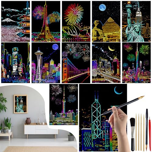 VLYX Arte da grattare per adulti e bambini - Kit con 12 fogli arcobaleno e strumenti per grattare, materiali artistici creativi (Serie Città)