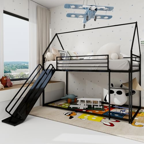 Arhatreya Letto a castello 90 x 190 cm, culla con scivolo, letto a soppalco con scala, letto in metallo a forma di casa, letto per bambini e ragazzi, appartamento (senza materasso) nero
