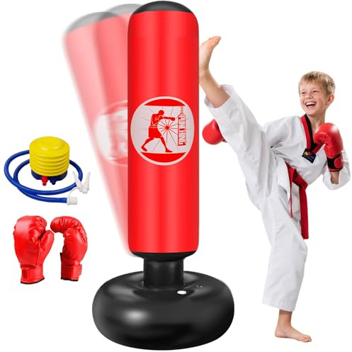 Ninonly Saco de Boxeo Niños, 160cm Saco de Boxeo Hinchable con Guantes y Bomba, Punching Ball 3 a 12 Años Regalos para Niños y Niñas, Bolsa de Box para Practicar MMA Karate Taekwondo