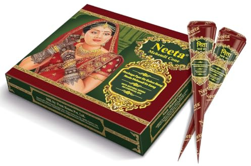 Neeta Henna Cones, 12-pack, natural mehndi paste, reddish-brown color