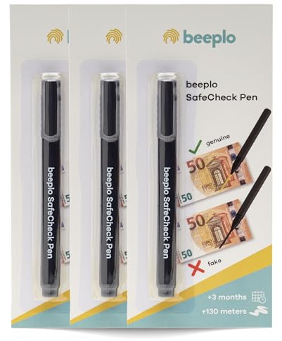 beeplo Pennarello rilevatore di banconote false SafeCheck Pen Confezione da 3 unità | 6000 banconote verificate per unità | Euro e dollari | Rilevazione sicura e immediata
