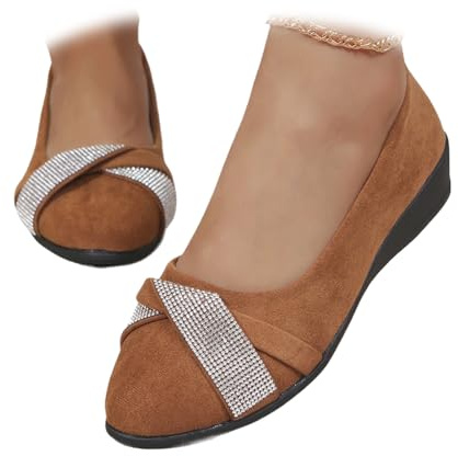 Zapatos de cuero ligeros para mujer, cómodos, con soporte de arco, de cuña, sin cordones, de tacón bajo, para el trabajo, bailarina, mocasines, Diamante de imitación marrón, 40 EU