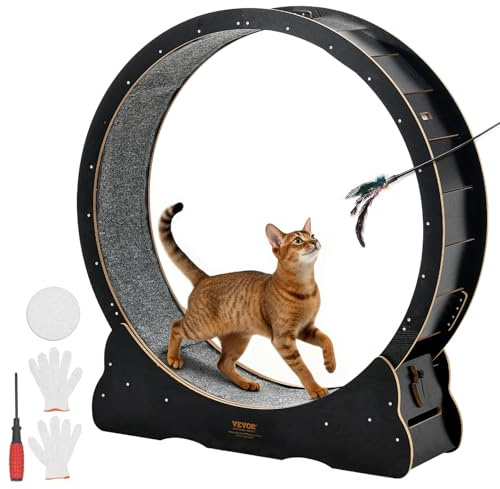VEVOR Ruota per Esercizi per Gatti, Ruota per Correre in Legno da 120 cm per Gattini da Interno Fino a 12,7 kg, con Pista in Moquette e Meccanismo di Bloccaggio, per Animali Domestici, Fitness Nero