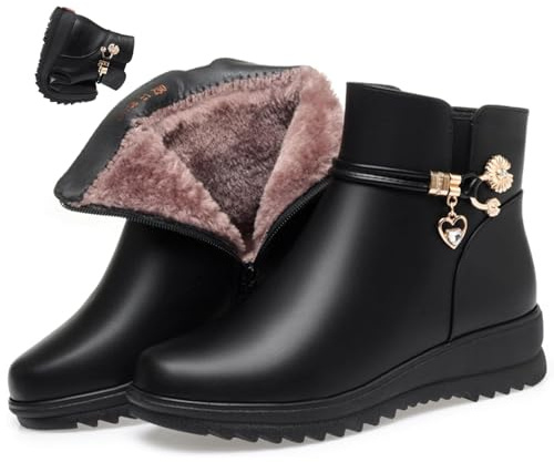 MAOAEAD Botas ortopédicas de lana de piel auténtica para mujer, botas de tacón de cuña con plataforma, cómodas, puntera redonda, impermeables, de piel cálida, botas de nieve para invierno, Negro