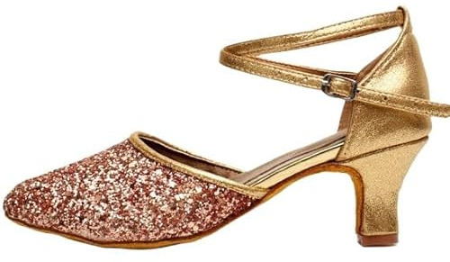 HCHCTRY Womens Latin Dance Shoes Sequin Heel Ballroom Salsa Tango Party Flamenco Latin Comfortable Non-Slip,Indoor Dance Shoes Pumps (Champagne Gold-1.97in,8.5)
