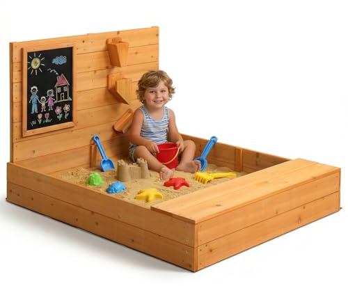 LALAHO Sand Pit with Bench, Storage Space Sandbox with Blackboards & Safety Corners, Fun Wooden Sandpits for Toddler, Ideal Creative Play and Adventure Outdoor Playhouse, 119 x 101 x 76 cm