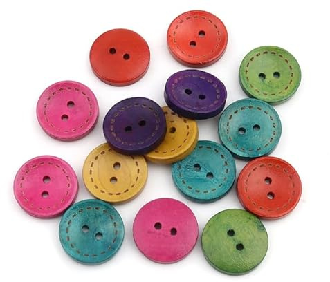50 Stück Holzknöpfe 20mm 2-Loch rund bunter Mix mit Streifen am Rand farbige Knöpfe aus Holz für Kinderkleidung annähen aufnähen basteln scrapbooking Jackenknöpfe Zweilochknöpfe
