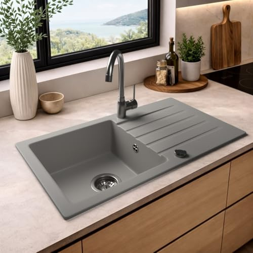 LINDBERGH® Granit Spüle + kompl. Siphon und Imprägnierung mit Abtropffläche, Einbauspüle, Küchenspüle Spülbecken - Verbundstoffe MADE IN GERMANY (MEG33 Grau)
