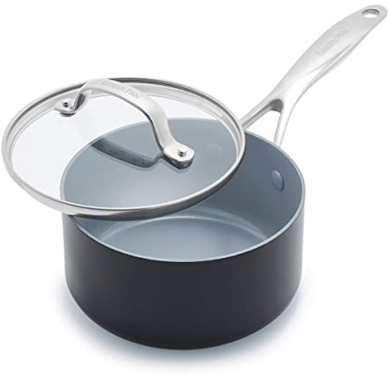 GreenPan Valencia Pro Harteloxierte Gesunde Keramik Antihaft 16 cm / 1,4 Liter Stielkasserolle mit Deckel, PFAS-frei, Induktion, spülmaschinenfest, backofenfest, grau