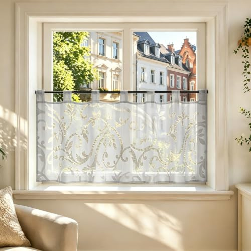 Joyswahl Scheibengardine Voile Bistrogardinen Elisabeth 60x120cm Grau | mit Schlaufen,Kurzgardine,1er Pack,Küchengardinen landhaus,Kurzstores Transparent,Fenstergardinen,Gardinen Ausbrenner