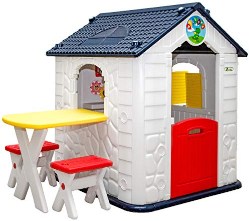 LittleTom Ab 1 Jahr: Gartenhaus Kinder mit Tisch - Wetterfestes Spielhaus Garten - Kinderhaus Kunststoff - Spielhaus Kinder Outdoor - Kleinkind Spielplatz für Garten Balkon - Kinderspielhaus Outdoor