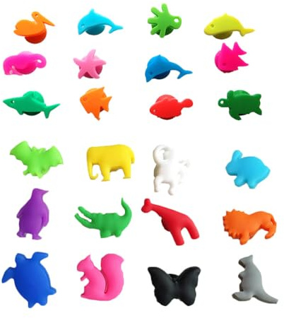 24pcs Glasmarker Silikon Weinglasmarkierer Meerestiere Landtiere Miniatur Tiere Saugnapf Marker für Glas Tasse Weinglas Becher Party Trinkbecher Zufällige Farbe