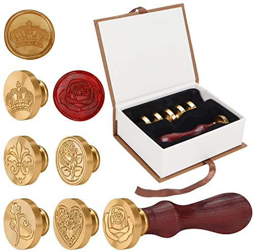 Belle Vous Wachs-Stempel-Set im Vintage-Stil, mit abnehmbaren Kupferköpfen (7-teilig) – Wachs-Siegel mit Holzgriff – Blume, Herz und Krone – Geschenke, Umschläge und Hochzeitseinladungen
