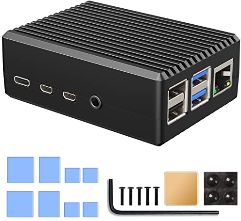 Miuzei Raspberry Pi 4 Gehäuse Case Aluminium Passivkühlung Lüfterlos 4B | CNC Aluminium Gehäuse, Passiv 30–40°C, lüfterlos lautlos, 4GB/8GB/2GB, 24/7 Dauerbetrieb, 8 Wärmeleitpads, 4 Wärmeleitsäulen