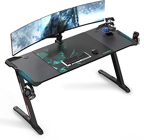 Eureka Ergonomic Gaming Tisch 153 × 60 cm Groß Gaming Schreib Tisch mit LED Beleuchtung Gamer PC Tisch Desktop auf Kohlefaser Gaming Computertisch