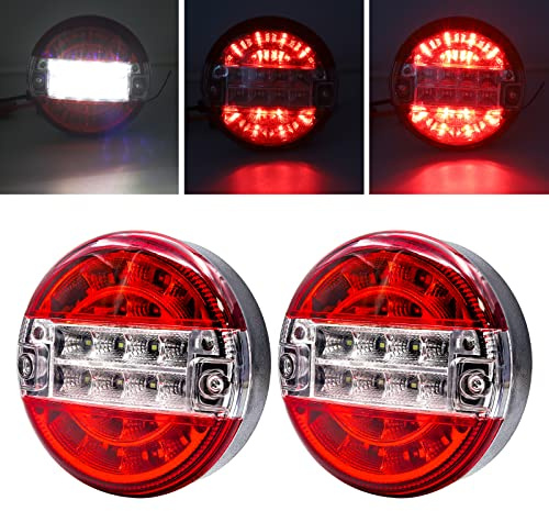 YnGia Feu arrière de remorque 2 pièces, feu stop rond à 20 LED pour hamburger,12V 24V pour Camper Caravan Van Lorry Camion (rouge et blanc)