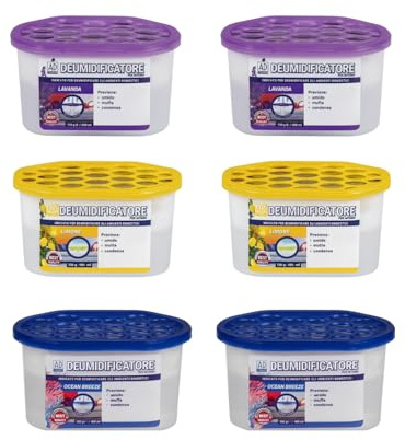 Virsus 6 Deumidificatori assorbiumidità con cristalli idrofili da 400ml, 14x7x8 cm, elimina condensa, umidità, muffa cattivi odori, Fragranze: Limone, Lavanda, Ocean -9704 - C