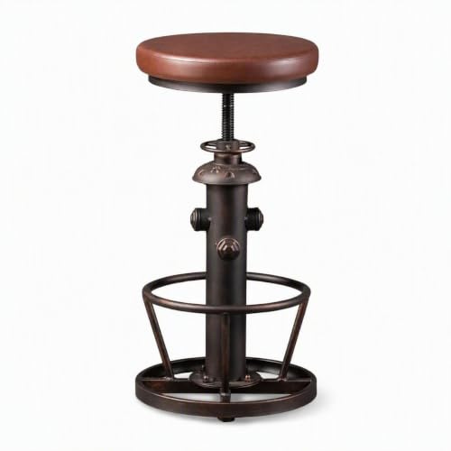 WIAONE BOKKOLIK Vintage Drehbarer Barhocker mit Industriellem Ledersitz, Feuerhydrant-Design, Küchen-Esszimmerstuhl, 61–76 cm Höhenverstellbar mit Fußstütze