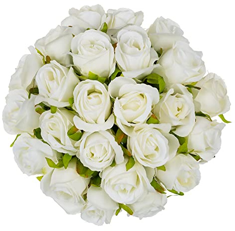 White Artificial Flowers Fake Flower: Blosmon 1 Pack 24 Heads White Small Roses Wedding Artificial Flower Bouquet Flower Centrepieces for Tables Faux Rose Flower Arrangement for Party Table Decor