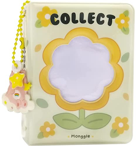 runrayay 3 Zoll Mini-Fotoalbum Kpop Fotokartenhalter, Blume hohlen Fotokarten Id Halter mit Anhänger 40 Taschen - Gelbe Blume