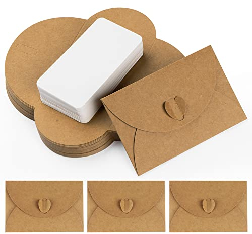 Kleine Umschläge mit Herz Verschluss 50 Mini Briefumschläge mit 50 Blanko Kärtchen Vintage Kraftpapier Umschläge für Geldgeschenke Dankeskarten Einladung