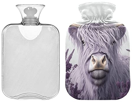 Lavendel Einhorn Hochland Kuh Wärmflasche mit Bezug, 1 Liter Wärmbeutel zur Schmerzlinderung, Bettwärmer, Wärmetherapie