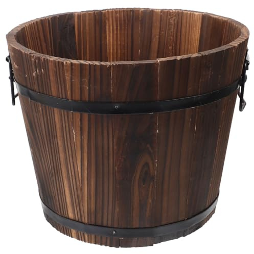 Vaguelly Rustic Wooden Barrels Planters Whiskey Barrels Bucket with Handle, Flower Planter Plant Pots Container Water Wishing Well Pail Garden Backyard Outdoor Indoor Decor