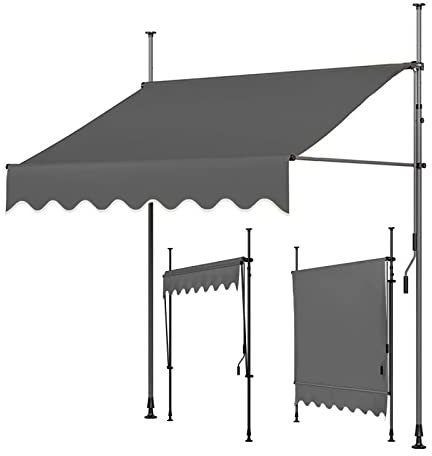 TRAGLO Klemmmarkise Balkonmarkise mit Handkurbel 2/2.5/3x1.2m Sonnenschutz ohne Bohren Sonnenmarkise höhenverstellbar Markise mit Gestell einfache Montage 3m Grayframe-Gray