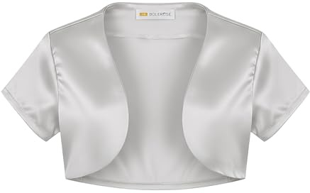 BOLEROSE Girls Satin Short Sleeve Bolero, Silver, 7-8 Years