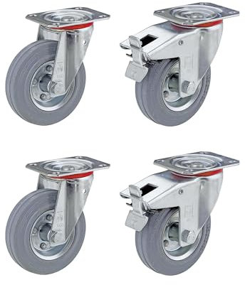 Wicke | Vollgummi-Reifen | Set-Angebot | 2 x Lenkrolle und 2 x Lenkrolle mit Doppelstopp | Rad-Ø x Breite 100 x 30 mm