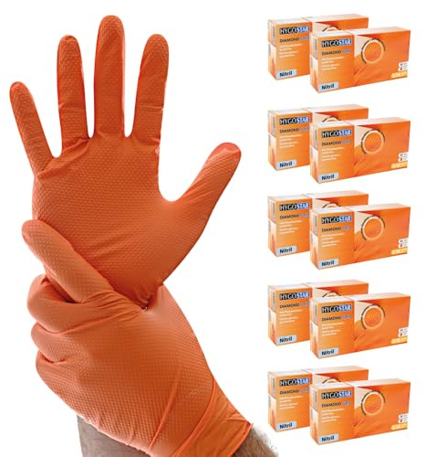 FRANZ MENSCH HygoStar Nitrilhandschuhe Diamond Grip | puderfrei, orange, Größe 9/L, 24cm, Karton, 500 Stück, Grip Diamanttextur, extra stark/dick, latexfrei