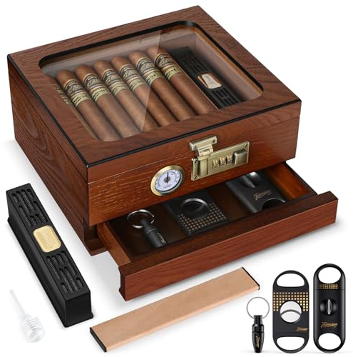 Tesonway Zigarren-Humidor, Zedernholz Humidor Zigarrenbox, Glasplatte Desktop Humidor mit Front-Hygrometer, Luftbefeuchter, Trennwand, Zubehörschublade und Zahlenschloss, Hält 20-35 Zigarren (Braun)